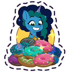Size: 1024x1024 | Tagged: safe, imported from derpibooru, pony, unicorn, cute, donut, excited, female, food, freckles, g5, game screencap, gameloft, grin, happy, horn, jewelry, mare, misty brightdawn, mistybetes, my little pony: mane merge, pendant, simple background, smiling, solo, sparkles, sticker, transparent background, unicorn horn
