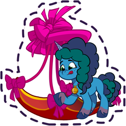 Size: 1024x1024 | Tagged: safe, imported from derpibooru, pony, unicorn, bow, female, freckles, g5, game screencap, gameloft, hat, jewelry, mare, misty brightdawn, my little pony: mane merge, official, pendant, simple background, solo, sticker, tongue out, transparent background, unshorn fetlocks
