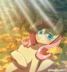 Size: 1536x1648 | Tagged: safe, artist:mugitya012, imported from derpibooru, fluttershy, pegasus, pony, crepuscular rays, female, leaves, nature, outdoors, relaxing, solo, tree