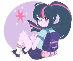 Size: 2048x1713 | Tagged: safe, artist:cheesesauce_45, imported from derpibooru, sci-twi, twilight sparkle, human, equestria girls, backpack, clothes, glasses, looking back, shorts, simple background, sitting, solo, white background