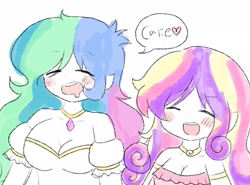 Size: 2048x1518 | Tagged: safe, artist:ruto_me, imported from derpibooru, princess cadance, princess celestia, human, breasts, cake, cakelestia, cleavage, duo, female, food, humanized