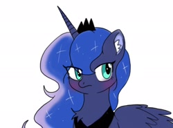 Size: 2048x1518 | Tagged: safe, artist:ruto_me, imported from derpibooru, princess luna, alicorn, pony, blushing, chest fluff, colored ear fluff, colored pinnae, ear fluff, eye clipping through hair, female, jewelry, looking away, mare, regalia, simple background, solo, white background