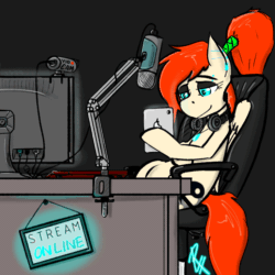 Size: 768x768 | Tagged: safe, artist:raw16, imported from derpibooru, oc, oc:ray muller, pegasus, animated, armchair, blinking, camera, chair, eyeshadow, gif, glowing, headphones, ipad, keyboard, makeup, microphone, monitor, piercing, ponytail, reading, river, sitting, stream, table