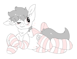 Size: 1951x1502 | Tagged: safe, artist:spookyfoxinc, imported from derpibooru, oc, oc only, pegasus, pony, bow, clothes, ear fluff, heart, heart eyes, lying, one ear down, one eye closed, simple background, socks, solo, striped socks, tail, tail bow, white background, wingding eyes