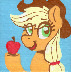 Size: 1179x1184 | Tagged: safe, artist:dandy, imported from derpibooru, applejack, earth pony, acrylic painting, apple, bust, colored, cowboy hat, eye clipping through hair, eyebrows, eyebrows visible through hair, flat colors, food, hair tie, hat, looking at you, open mouth, simple background, solo, traditional art