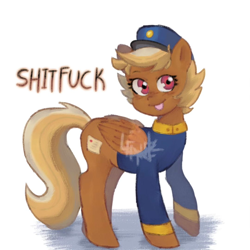 Size: 1080x1080 | Tagged: safe, artist:ubat_kodeina, imported from derpibooru, pegasus, pony, blonde, clothes, female, forced meme, hat, looking at you, mare, red eyes, shitfuck meme, signature, simple background, smiling, swift reply, tongue out, uniform, vulgar, white background