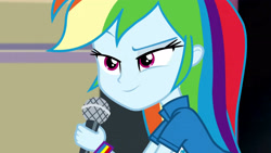 Size: 3072x1727 | Tagged: safe, imported from derpibooru, screencap, rainbow dash, human, equestria girls, friendship games, chs rally song, clothes, cutie mark on clothes, eyebrows, female, microphone, raised eyebrow, smiling, solo