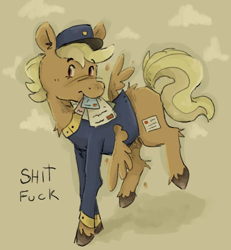 Size: 1080x1167 | Tagged: safe, artist:kul.kunst, imported from derpibooru, pegasus, pony, blonde, clothes, female, forced meme, hat, letter, mare, mouth hold, red eyes, shitfuck meme, simple background, spread wings, swift reply, uniform, vulgar, wings