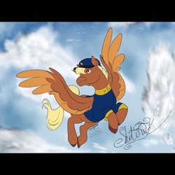 Size: 1080x1080 | Tagged: safe, artist:flamingeaux, imported from derpibooru, pegasus, pony, blonde, clothes, cloud, female, flying, forced meme, hat, mare, red eyes, shitfuck meme, signature, sky, sky background, spread wings, swift reply, uniform, vulgar, wings