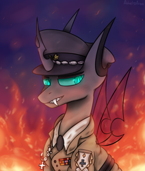 Size: 2085x2453 | Tagged: safe, artist:ashel_aras, imported from derpibooru, oc, oc only, oc:mader, changeling, changeling oc, clothes, commission, fire, grin, hat, male, military uniform, officer, peaked cap, simple background, smiling, solo, uniform