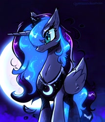 Size: 1761x2048 | Tagged: safe, artist:qwennondeathdie, imported from derpibooru, princess luna, alicorn, pony, full moon, hair over one eye, moon, smiling, solo
