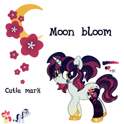 Size: 2048x2048 | Tagged: safe, imported from derpibooru, apple bloom, moonlight raven, oc, oc only, pony, unicorn, cutie mark, fusion, fusion:apple bloom, fusion:moonlight raven, photo, reference sheet, simple background, white background
