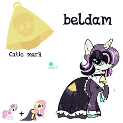 Size: 2048x2048 | Tagged: safe, imported from derpibooru, fluttershy, sweetie belle, oc, pony, unicorn, bell, bell collar, black dress, clothes, collar, cutie mark, dress, fluttergoth, fusion, fusion:fluttershy, fusion:sweetie belle, goth, goth fluttershy, gothic, gothic lolita, makeup, reference sheet, simple background, white background