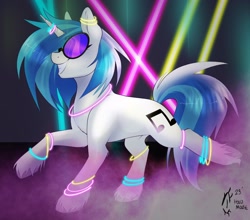 Size: 2048x1803 | Tagged: safe, alternate version, artist:holomouse, imported from derpibooru, dj pon-3, vinyl scratch, pony, unicorn, bracelet, commission, dancing, eyes closed, female, grin, jewelry, smiling, solo