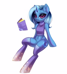 Size: 3333x3666 | Tagged: safe, artist:02vxmp, artist:minchyseok, imported from derpibooru, trixie, semi-anthro, unicorn, belly button, book, female, glowing, glowing horn, gradient background, horn, simple background, solo, white background