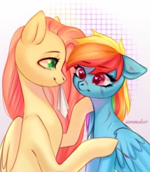 Size: 1784x2048 | Tagged: safe, artist:02vxmp, artist:minchyseok, imported from derpibooru, fluttershy, rainbow dash, pegasus, pony, blood, duo, female, flutterdash, heart, heart eyes, injured, lesbian, mouth hold, shipping, wingding eyes