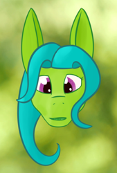 Size: 448x664 | Tagged: safe, artist:kujivunia, edit, imported from derpibooru, oc, oc only, dryad, earth pony, abstract background, big ears, bust, earth pony oc, green background, head only, looking at you, portrait, solo