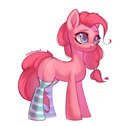 Size: 2333x2333 | Tagged: safe, artist:02vxmp, artist:minchyseok, imported from derpibooru, pinkie pie, earth pony, pony, clothes, female, simple background, socks, solo, stockings, striped socks, thigh highs, white background