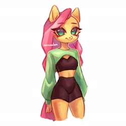 Size: 2333x2333 | Tagged: safe, artist:02vxmp, artist:minchyseok, imported from derpibooru, fluttershy, anthro, clothes, compression shorts, female, midriff, simple background, solo, tanktop, white background