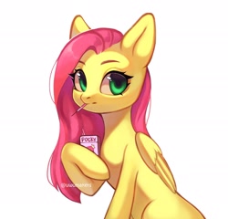 Size: 2048x1969 | Tagged: safe, artist:02vxmp, artist:minchyseok, imported from derpibooru, fluttershy, pegasus, pony, female, food, pocky, simple background, solo, white background