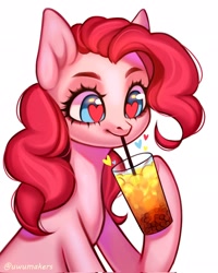 Size: 1638x2048 | Tagged: safe, artist:02vxmp, artist:minchyseok, imported from derpibooru, pinkie pie, earth pony, pony, drink, drinking, female, heart, heart eyes, simple background, solo, white background, wingding eyes