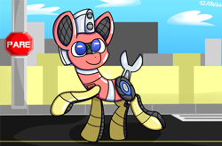 Size: 7920x5208 | Tagged: safe, artist:nhale, imported from derpibooru, oc, oc:trackhead, pony, robot, robot pony, blue eyes, city, speaker, stop sign, street