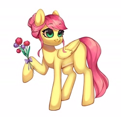 Size: 2600x2500 | Tagged: safe, artist:02vxmp, artist:minchyseok, imported from derpibooru, fluttershy, pegasus, pony, alternate hairstyle, bouquet, bouquet of flowers, female, flower, folded wings, high res, holding, magnetic hooves, mare, missing cutie mark, raised hoof, simple background, solo, standing, three quarter view, tulip, turned head, white background, wings
