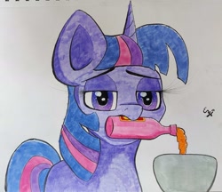 Size: 1756x1519 | Tagged: safe, artist:engi, imported from derpibooru, twilight sparkle, pony, unicorn, confound these ponies, cup, female, hot sauce, simple background, solo, traditional art, watercolor painting