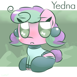 Size: 2000x2000 | Tagged: safe, artist:cushyhoof, imported from derpibooru, oc, oc only, oc:yedna letelier, earth pony, pony, :<, blank flank, blushing, chibi, clothes, cute, earth pony oc, female, high res, mare, short tail, sitting, socks, solo, sweater, tail, unamused