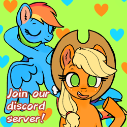 Size: 768x768 | Tagged: safe, artist:therealtumbleweed, imported from derpibooru, applejack, rainbow dash, earth pony, pegasus, pony, advertisement in description, advertising, appledash, chest fluff, discord server, ear fluff, eyebrows, eyes closed, female, flying, happy, heart, heart background, lesbian, long description, looking at you, mare, open mouth, open smile, relaxing, shipping, simple background, smiling, talking to viewer, wide eyes, wings