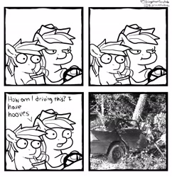 Size: 1981x2048 | Tagged: safe, artist:dagothurfanclub, imported from derpibooru, applejack, rainbow dash, earth pony, pegasus, pony, black and white, car, car crash, comic, crash, drinking, driving, duo, grayscale, implied death, monochrome, pixelated, simple background, white background