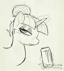 Size: 941x1048 | Tagged: safe, artist:dagothurfanclub, imported from derpibooru, twilight sparkle, pony, unicorn, drink, energy drink, glowing, glowing horn, horn, monochrome, sketch, tired, unicorn twilight