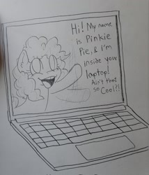 Size: 1757x2048 | Tagged: safe, artist:dagothurfanclub, imported from derpibooru, pinkie pie, earth pony, pony, computer, female, fourth wall, laptop computer, monochrome, sketch, solo, waving