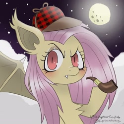 Size: 2048x2048 | Tagged: safe, artist:dagothurfanclub, imported from derpibooru, fluttershy, bat pony, pony, bat ponified, chest fluff, deerstalker, detective, eyebrows, female, flutterbat, full moon, hat, high res, holding, looking at you, moon, night, pipe, race swap, raised eyebrow, raised hoof, red eyes, sherlock hat, sherlock holmes, solo, spread wings, three quarter view, wings