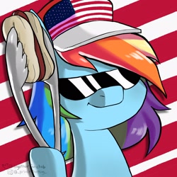 Size: 2048x2048 | Tagged: safe, artist:dagothurfanclub, imported from derpibooru, fluttershy, rainbow dash, pegasus, pony, american flag, female, food, hat, hoof hold, hot dog, meat, murica, sausage, solo, sunglasses, united states