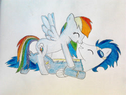 Size: 1032x774 | Tagged: safe, artist:rd97, imported from derpibooru, rainbow dash, soarin', pegasus, pony, clothes, eyes closed, female, laughing, lying down, male, mare, shipping, simple background, smiling, soarindash, stallion, straight, traditional art, uniform, white background, wonderbolts uniform