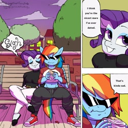 Size: 2048x2048 | Tagged: safe, artist:dagothurfanclub, imported from derpibooru, rainbow dash, rarity, anthro, pegasus, plantigrade anthro, pony, unicorn, belly button, bench, clothes, comic, converse, duo, eating, female, flats, food, lesbian, meme, midriff, ponified, ponified meme, raridash, scott pilgrim vs the world, shipping, shoes, sneakers, sunglasses, tree