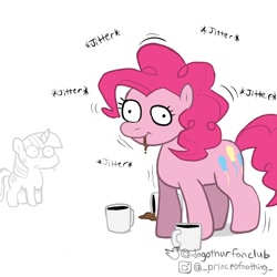 Size: 1080x1080 | Tagged: safe, artist:dagothurfanclub, imported from derpibooru, pinkie pie, twilight sparkle, earth pony, pony, unicorn, caffeine, coffee, duo, female, mare, moments before disaster, pinkie found the coffee, simple background, sweat, sweatdrop, this will not end well, unicorn twilight, white background, worried, xk-class end-of-the-world scenario