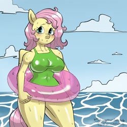 Size: 2048x2048 | Tagged: safe, artist:dagothurfanclub, imported from derpibooru, fluttershy, anthro, pegasus, blushing, breasts, busty fluttershy, clothes, female, floaty, green swimsuit, high res, inner tube, looking at you, ocean, one-piece swimsuit, outdoors, pool toy, solo, swimsuit, water, wings