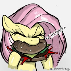 Size: 1080x1080 | Tagged: safe, artist:dagothurfanclub, imported from derpibooru, fluttershy, pegasus, pony, burger, cheese, eating, female, food, ketchup, lettuce, meat, messy eating, ponies eating meat, sauce, solo