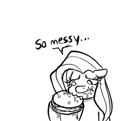 Size: 1080x1080 | Tagged: safe, artist:dagothurfanclub, imported from derpibooru, fluttershy, pegasus, pony, black and white, burger, eating, female, food, grayscale, messy eating, monochrome, simple background, solo, white background