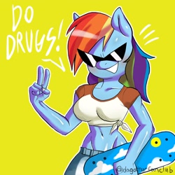 Size: 2048x2048 | Tagged: safe, artist:dagothurfanclub, imported from derpibooru, rainbow dash, anthro, belly button, female, implied drugs, midriff, simple background, skateboard, solo, sunglasses, yellow background