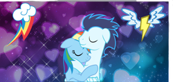 Size: 1006x477 | Tagged: safe, artist:blitzarts, imported from derpibooru, rainbow dash, soarin', pegasus, pony, eyes closed, female, hug, male, mare, shipping, soarindash, stallion, straight, wallpaper