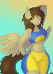 Size: 2943x4096 | Tagged: safe, artist:yutailaarts, imported from derpibooru, oc, oc only, anthro, pegasus, pony, anthro oc, belly button, clothes, compression shorts, female, gradient background, midriff, pegasus oc, solo, tanktop