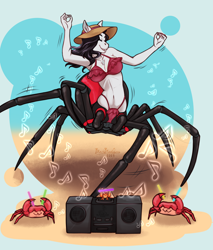 Size: 2430x2855 | Tagged: safe, artist:blackblood-queen, imported from derpibooru, oc, oc only, oc:charlotte silk, anthro, crab, drider, monster pony, original species, spiderpony, anthro oc, beach, beach hat, bikini, boombox, breasts, clothes, commission, dancing, eyes closed, fangs, hermit crab, music notes, swimsuit