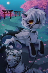 Size: 2000x3000 | Tagged: safe, artist:anku, imported from derpibooru, oc, oc only, big cat, pegasus, pony, tiger, bell, bell collar, cherry blossoms, collar, detailed background, flower, flower blossom, leaves, lying down, moon, short hair, stairs, stripes, torii, white hair, yellow eyes