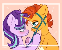 Size: 2500x2000 | Tagged: safe, artist:shelti, imported from derpibooru, starlight glimmer, sunburst, pony, unicorn, blushing, bridle, female, heart, heart eyes, looking at each other, looking at someone, male, mare, messy mane, shipping, signature, simple background, stallion, starburst, straight, tack, underhoof, wingding eyes