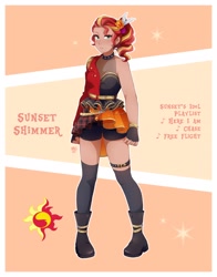 Size: 1606x2048 | Tagged: safe, artist:applesartt, imported from derpibooru, sunset shimmer, human, clothes, female, humanized, idol, skirt, socks, solo, tan skin, thigh highs, thigh socks