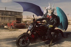 Size: 2351x1567 | Tagged: safe, artist:spotty the cheetah, imported from derpibooru, discord, draconequus, abandoned, biker, building, car, clothes, cool, crotch bulge, desert, ducati, dust, ford mustang, hill, jacket, leather, leather jacket, looking at you, male, motorcycle, pants, power line, road, sign, smiling, solo, spread wings, stupid sexy discord, warning sign, wings