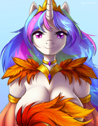 Size: 1000x1290 | Tagged: safe, artist:blueomlette, imported from derpibooru, princess celestia, alicorn, anthro, big breasts, breasts, busty princess celestia, choker, cleavage, crown, feather, female, gradient background, horn, jewelry, looking at you, necklace, regalia, smiling, smiling at you, solo, strategically covered